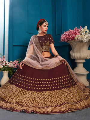 Rajwada Women Brown Sparkling Sequins Semi Stitched Lehenga With Unstitched Blouse
