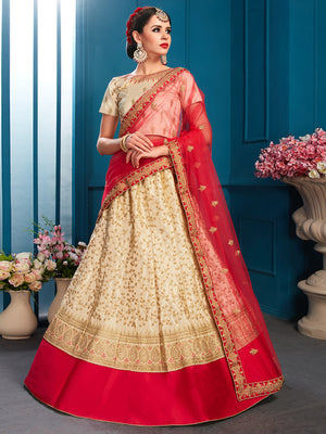 Rajwada Women Beige Designer Semi Stitched Lehenga With Unstitched Blouse