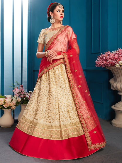 Rajwada Women Beige Designer Semi Stitched Lehenga With Unstitched Blouse