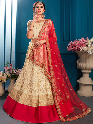 Rajwada Women Beige Designer Semi Stitched Lehenga With Unstitched Blouse