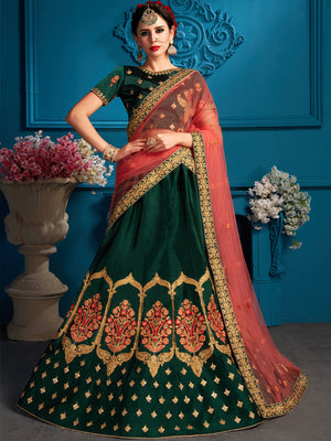 Rajwada Women Green Resham,Zari,Stone Semi Stitched Lehenga With Unstitched Blouse