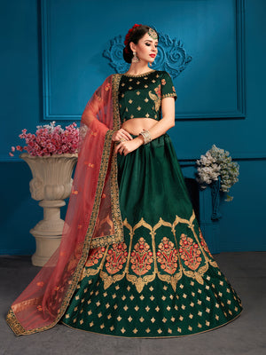 Rajwada Women Green Resham,Zari,Stone Semi Stitched Lehenga With Unstitched Blouse
