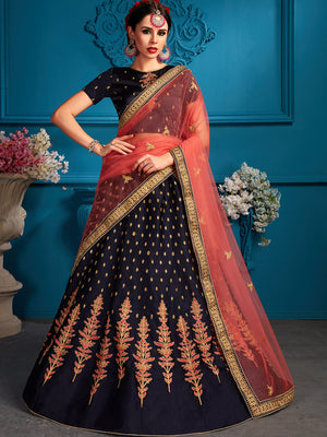 Rajwada Women Dark Blue Sequins Semi Stitched Lehenga With Unstitched Blouse