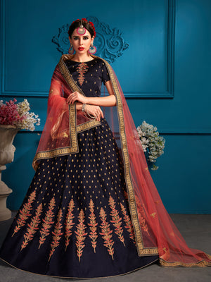 Rajwada Women Dark Blue Sequins Semi Stitched Lehenga With Unstitched Blouse