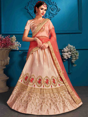 Rajwada Women Peach Resham,Zari,Stone,Gilter Sequins Semi Stitched Lehenga With Unstitched Blouse