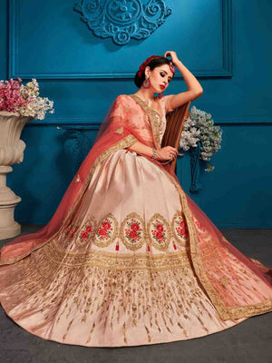Rajwada Women Peach Resham,Zari,Stone,Gilter Sequins Semi Stitched Lehenga With Unstitched Blouse