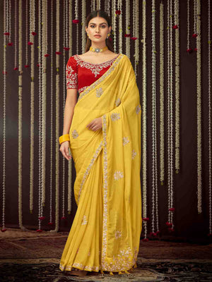 Rajwada Women Yellow Organza Embroidered Saree With Unstitched Blouse