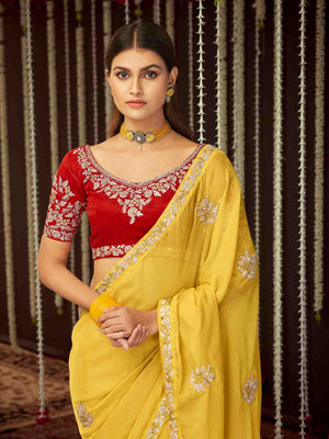 Rajwada Women Yellow Organza Embroidered Saree With Unstitched Blouse