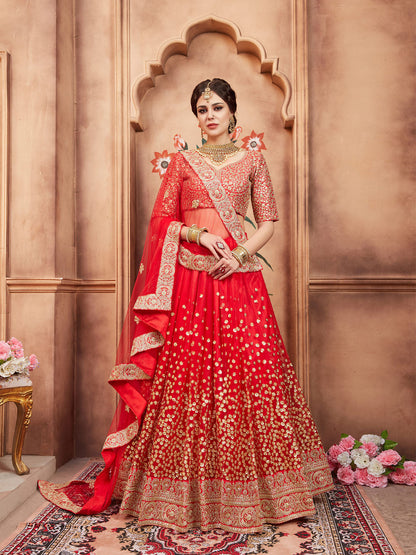 Rajwada Red Embroidered Soft Net Semi Stitched Lehenga With Blouse For Women