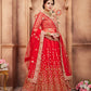 Rajwada Red Embroidered Soft Net Semi Stitched Lehenga With Blouse For Women