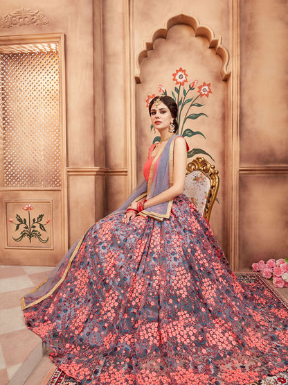 Rajwada Grey Embroidered Soft Net Semi Stitched Lehenga With Blouse For Women