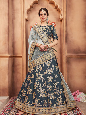 Rajwada Grey Embroidered Art Silk Semi Stitched Lehenga With Blouse For Women