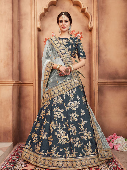 Rajwada Grey Embroidered Art Silk Semi Stitched Lehenga With Blouse For Women