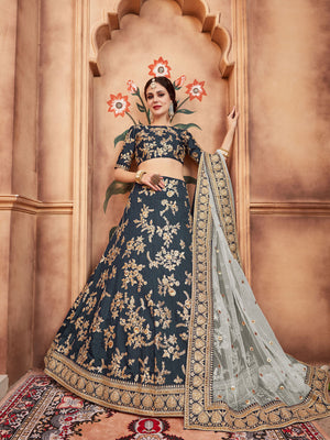 Rajwada Grey Embroidered Art Silk Semi Stitched Lehenga With Blouse For Women