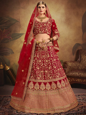 Rajwada Women Red Elegant Semi Stitched Lehenga With Unstitched Blouse