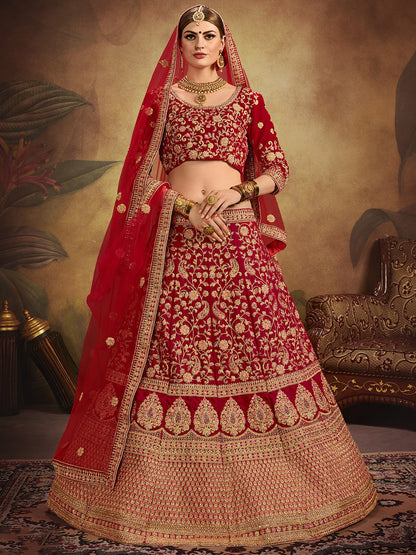 Rajwada Women Red Elegant Semi Stitched Lehenga With Unstitched Blouse