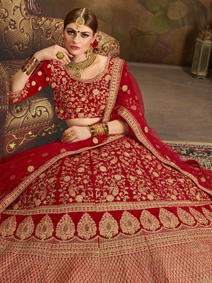 Rajwada Women Red Elegant Semi Stitched Lehenga With Unstitched Blouse