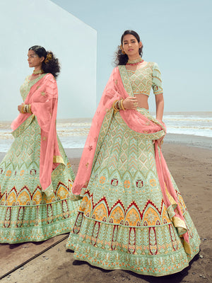 Rajwada Women Sea Green Georgette Embroidered Semi Stitched Lehenga With Unstitched Blouse