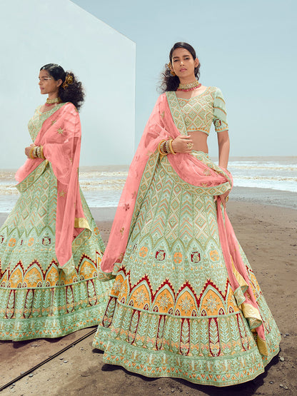 Rajwada Women Sea Green Georgette Embroidered Semi Stitched Lehenga With Unstitched Blouse