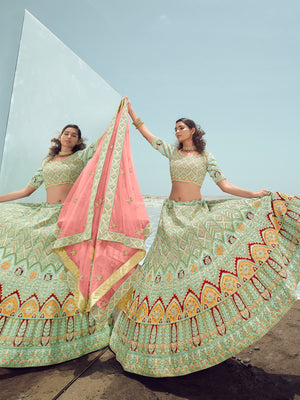 Rajwada Women Sea Green Georgette Embroidered Semi Stitched Lehenga With Unstitched Blouse