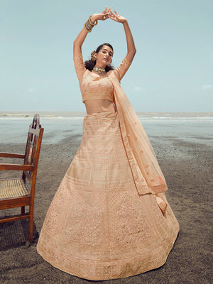 Rajwada Women Peach Organza Embroidered Semi Stitched Lehenga With Unstitched Blouse