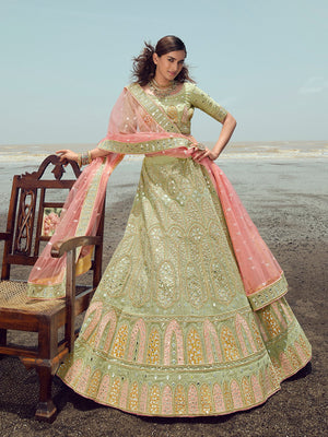 Rajwada Women Green Organza Embroidered Semi Stitched Lehenga With Unstitched Blouse