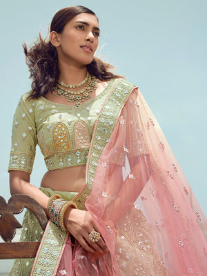 Rajwada Women Green Organza Embroidered Semi Stitched Lehenga With Unstitched Blouse