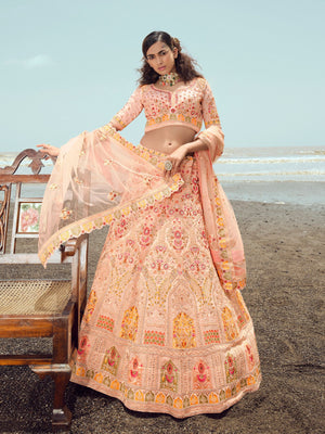 Rajwada Women Peach Embroidered Georgette Semi Stitched Lehenga With Unstitched Blouse