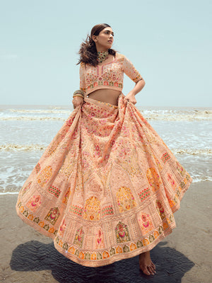 Rajwada Women Peach Embroidered Georgette Semi Stitched Lehenga With Unstitched Blouse