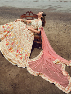 Rajwada Women Apricot Georgette Semi Stitched Lehenga With Unstitched Blouse