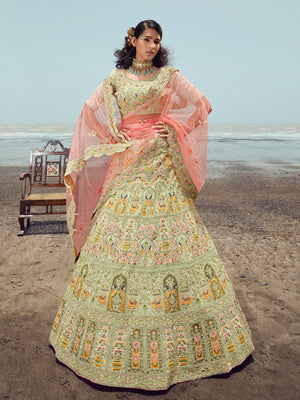Rajwada Women Green Embroidered Georgette Semi Stitched Lehenga With Unstitched Blouse