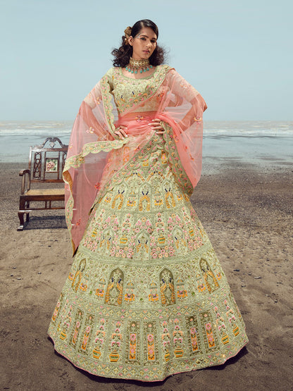 Rajwada Women Green Embroidered Georgette Semi Stitched Lehenga With Unstitched Blouse