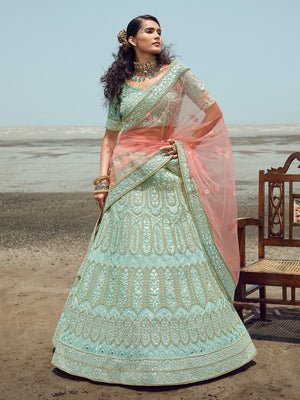 Rajwada Women Sea Green Embroidered Organza Semi Stitched Lehenga With Unstitched Blouse