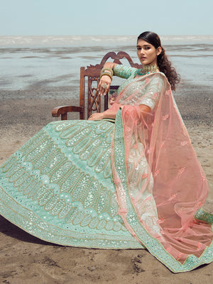 Rajwada Women Sea Green Embroidered Organza Semi Stitched Lehenga With Unstitched Blouse