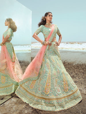 Rajwada Women Sky Blue Embroidered Organza Semi Stitched Lehenga With Unstitched Blouse