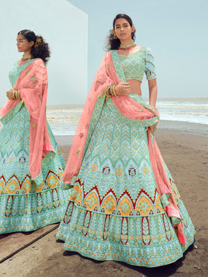 Rajwada Women Light Blue Georgette Semi Stitched Lehenga With Unstitched Blouse