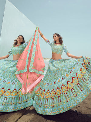 Rajwada Women Light Blue Georgette Semi Stitched Lehenga With Unstitched Blouse