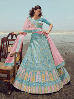 Rajwada Women Light Blue Georgette Semi Stitched Lehenga With Unstitched Blouse