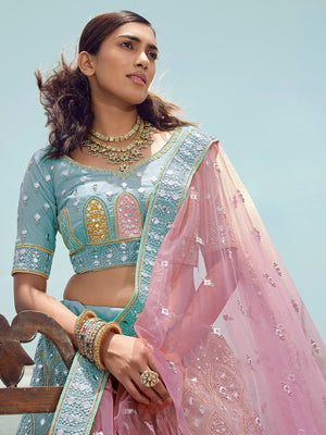 Rajwada Women Light Blue Georgette Semi Stitched Lehenga With Unstitched Blouse