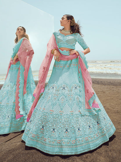 Rajwada Women Light Blue Embroidered Georgette Semi Stitched Lehenga With Unstitched Blouse