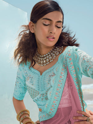Rajwada Women Light Blue Embroidered Georgette Semi Stitched Lehenga With Unstitched Blouse