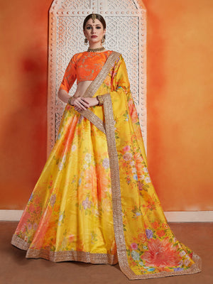 Rajwada Women Designer Yellow Organza Semi Stitched Lehenga With  Unstitched Blouse
