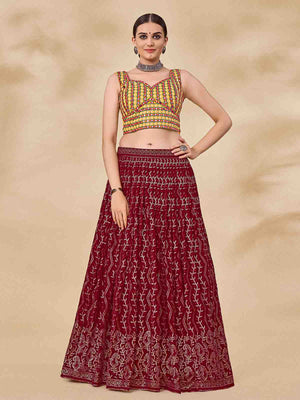 Rajwada Women Maroon Embroidered Semi Stitched Lehenga With Unstitched Blouse