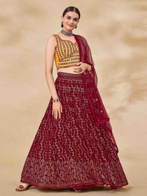 Rajwada Women Maroon Embroidered Semi Stitched Lehenga With Unstitched Blouse