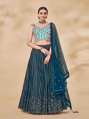 Rajwada Women Teal Embroidered Semi Stitched Lehenga With Unstitched Blouse