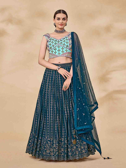 Rajwada Women Teal Embroidered Semi Stitched Lehenga With Unstitched Blouse