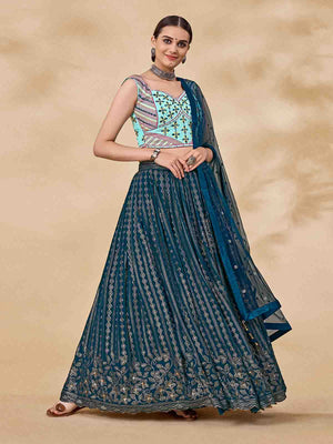 Rajwada Women Teal Embroidered Semi Stitched Lehenga With Unstitched Blouse