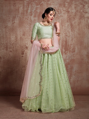 Rajwada Women Green Sequins Sassy Semi Stitched Lehenga With Unstitched Blouse