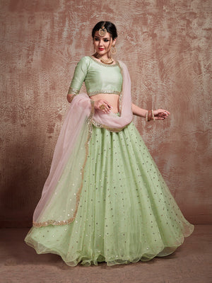 Rajwada Women Green Sequins Sassy Semi Stitched Lehenga With Unstitched Blouse