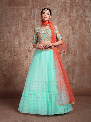 Rajwada Women Sea Green Stunning Semi Stitched Lehenga With Unstitched Blouse